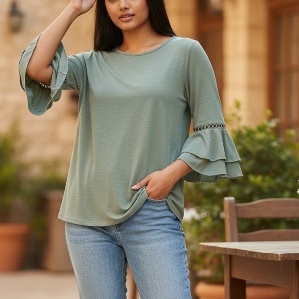 Lildy Sage Green Crochet Accent Ruffle Bell Sleeve Tunic Top SM Boho Shabby Chic